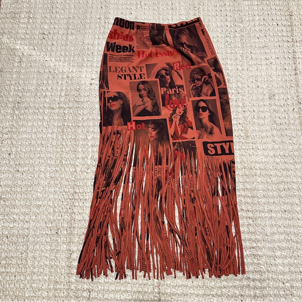 Casalee Poliana Graphic Print Fringe Skirt – Size Small – Made in USA